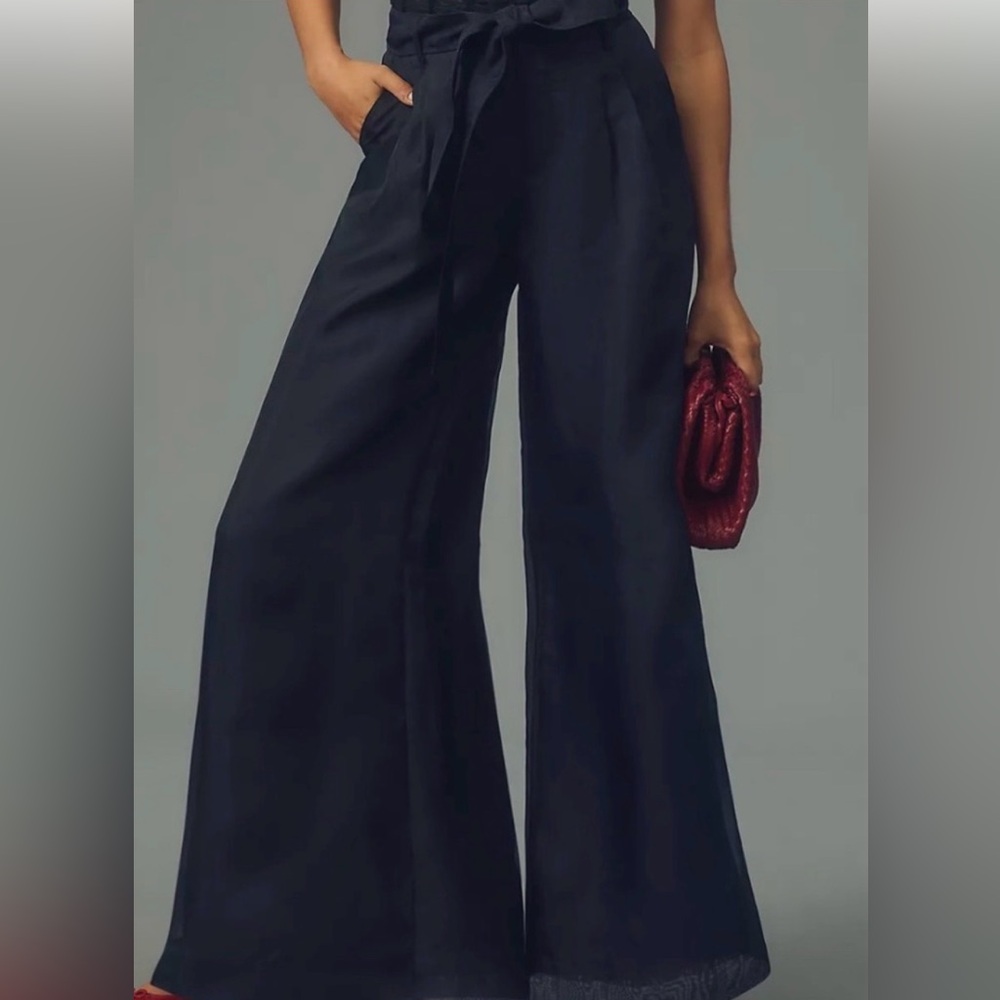 By Anthropologie Silk Elegant Black Wide-Leg Pants
